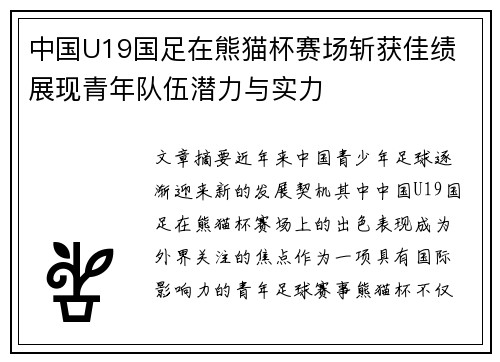 中国U19国足在熊猫杯赛场斩获佳绩 展现青年队伍潜力与实力